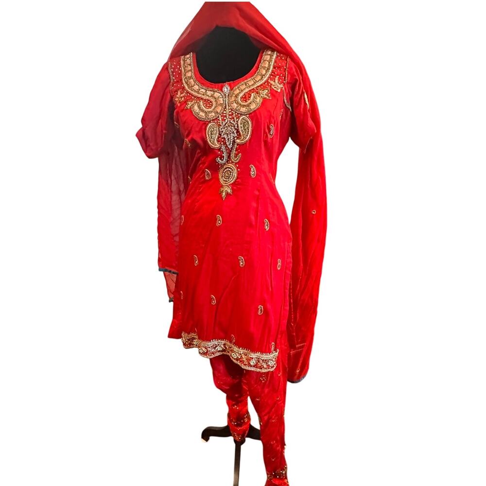 Salwar Kameez Set Red Sequin Beadwork Sequin Embellish